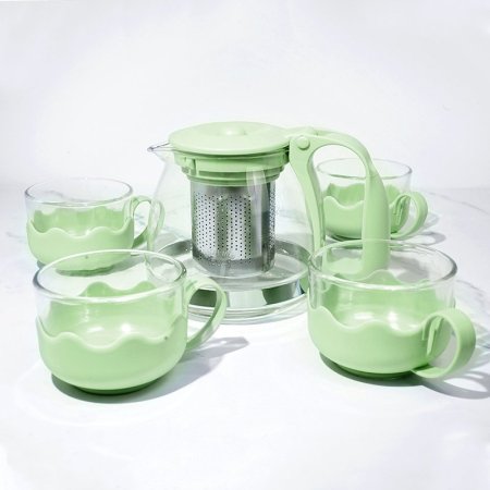 ابريق شاي مع 4 كاسات - أخضر